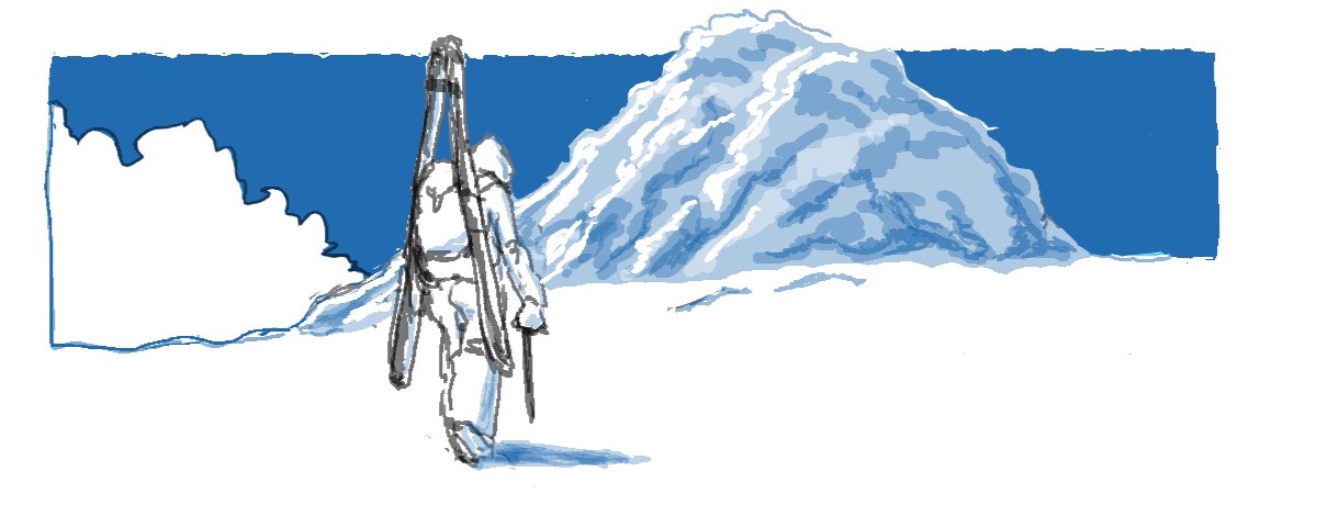 スキーを担いで雪の斜面を登る人と、青い空を背にした山の絵