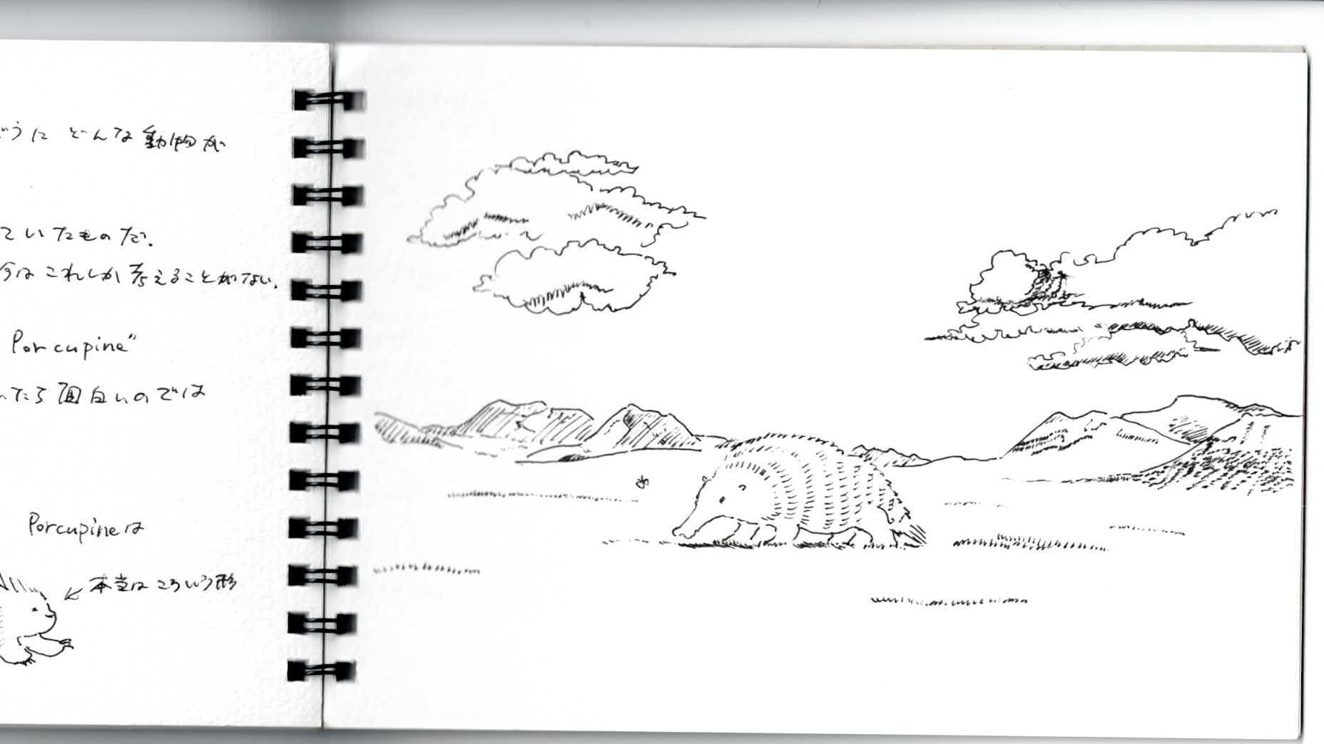 山の稜線を描いたスケッチブックの見開き