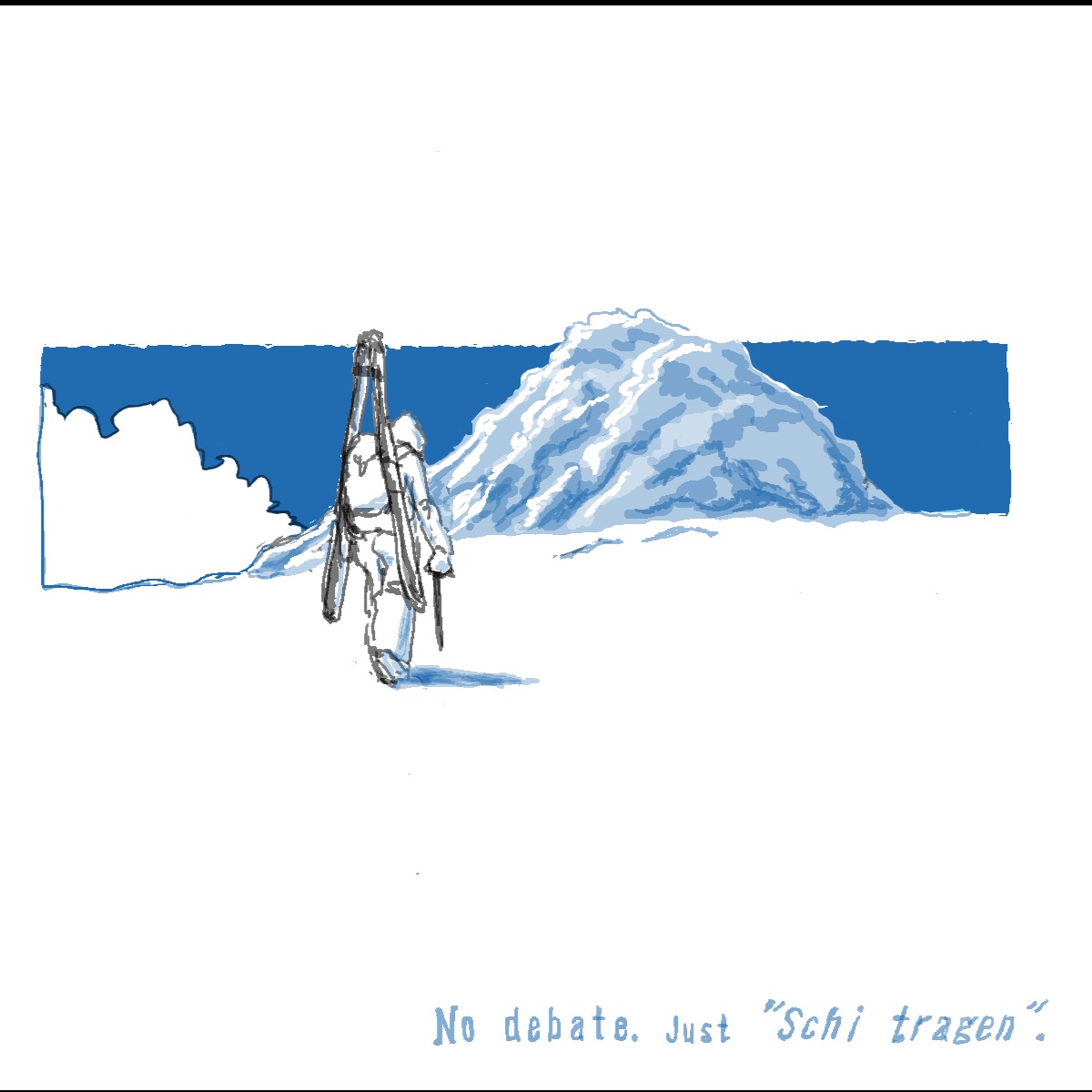 スキーを担いで雪の斜面を歩く人
