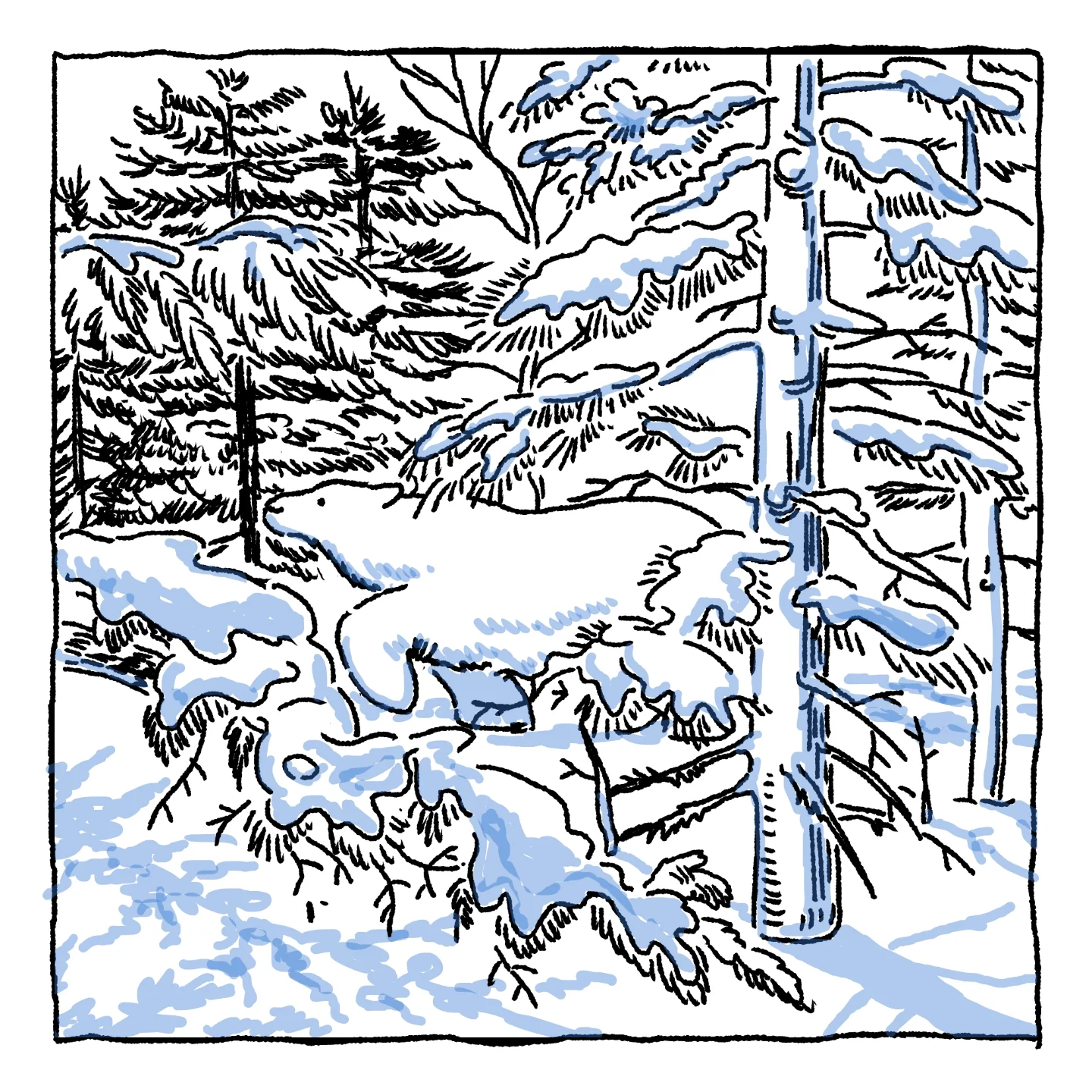 雪をかぶった冬の森の線画