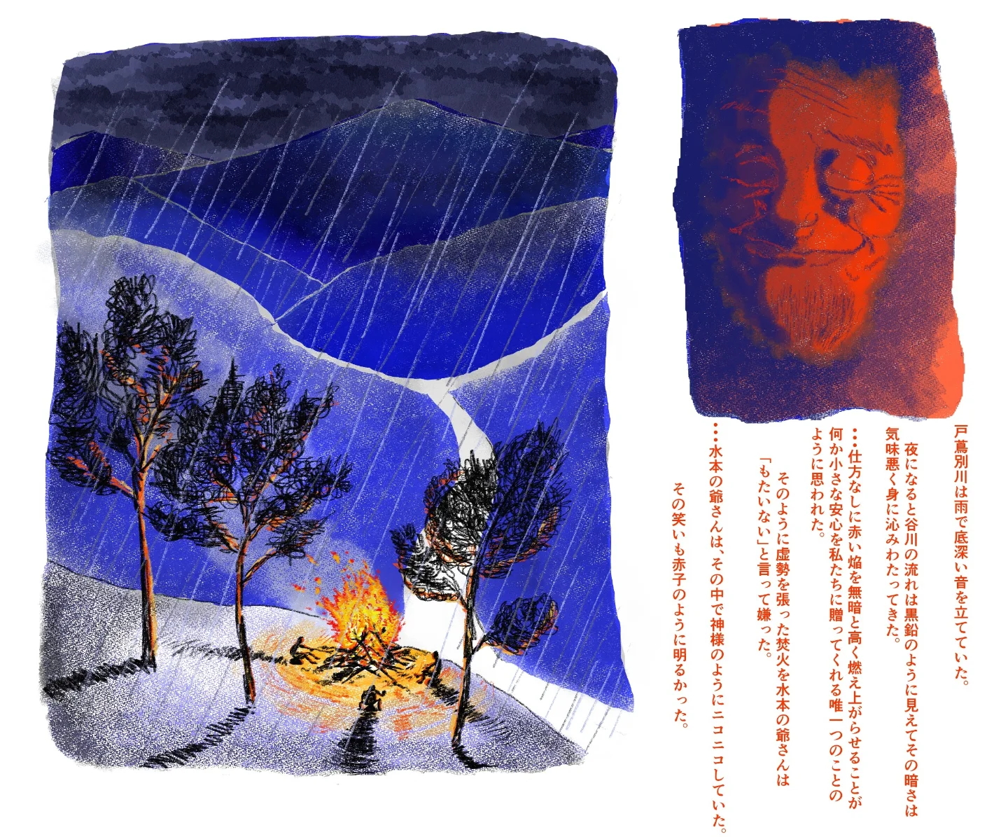 夜の風景と文章を組んだ誌面の見開き