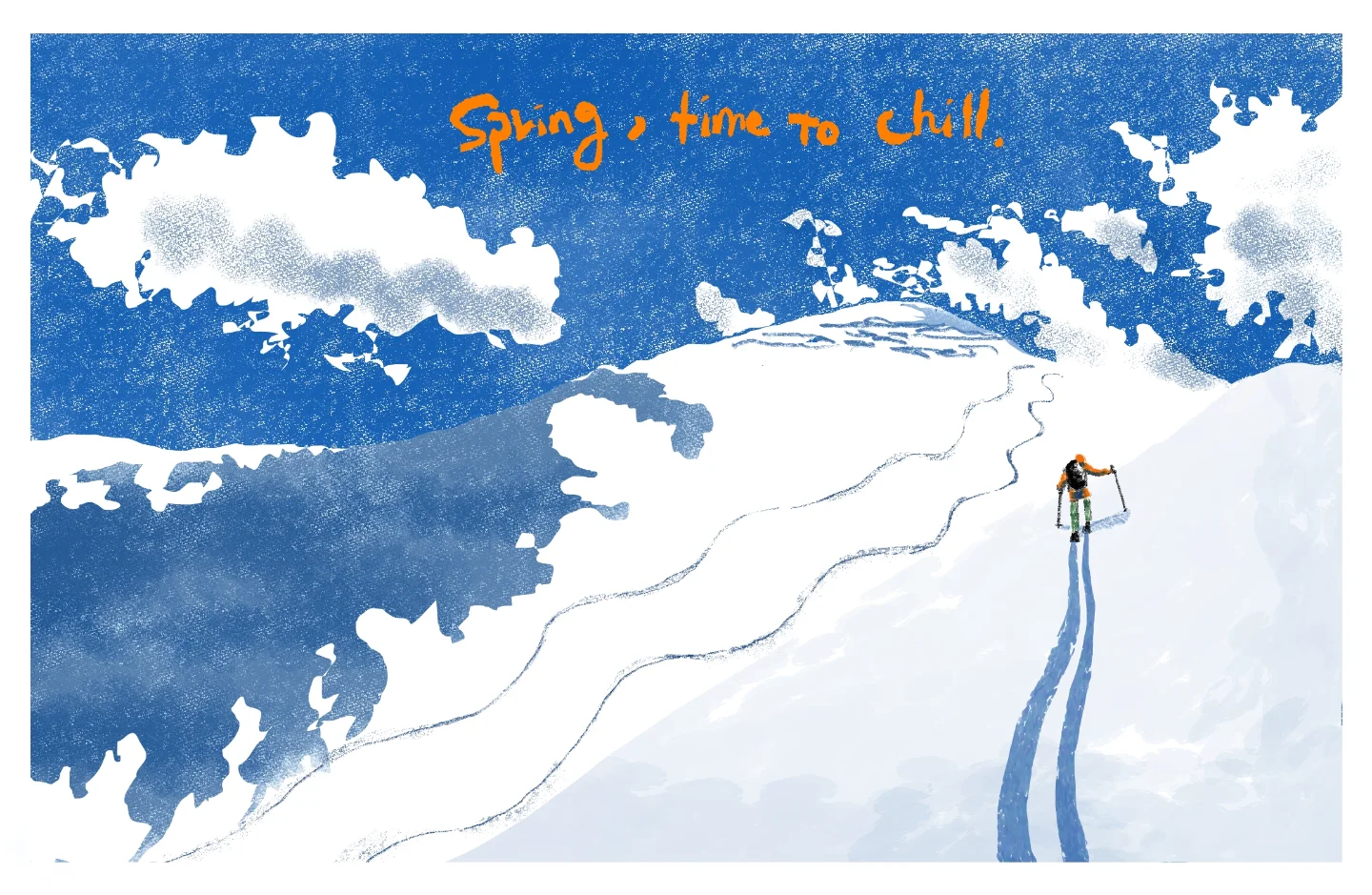 雪の斜面を滑り下りる人の絵
