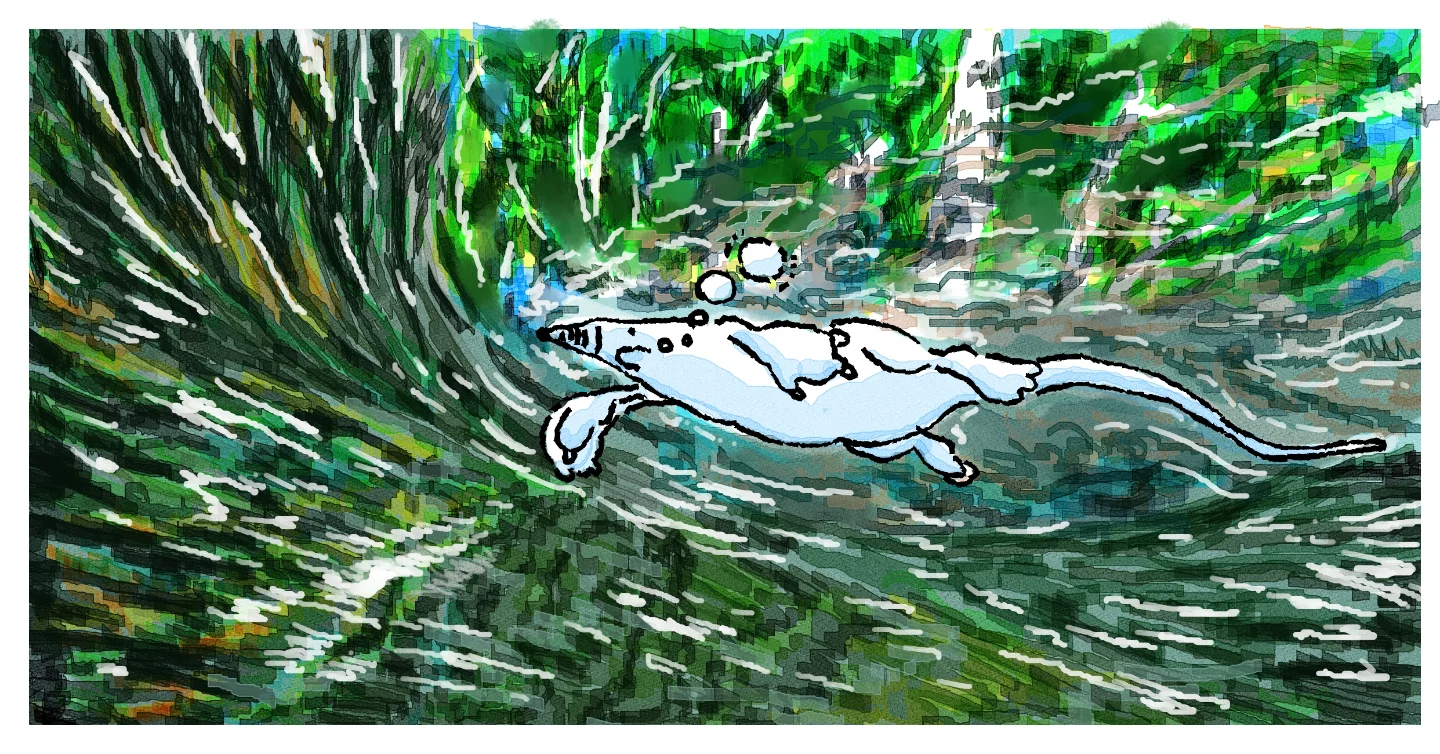 夏の沢の水面を描いた絵